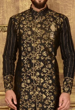 Woven Art Silk Jacquard Sherwani in Black