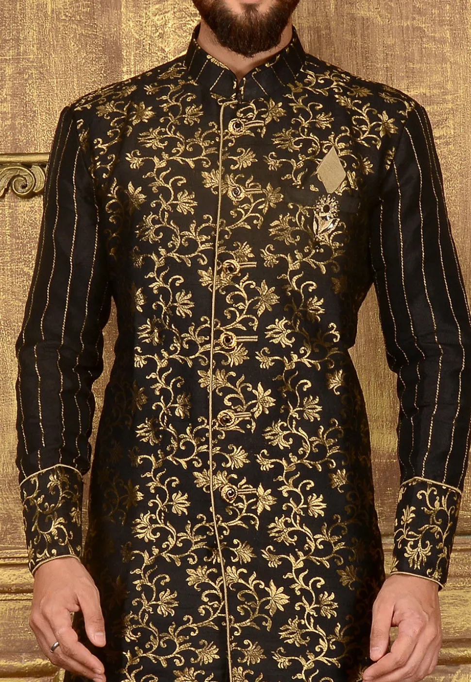 Woven Art Silk Jacquard Sherwani in Black