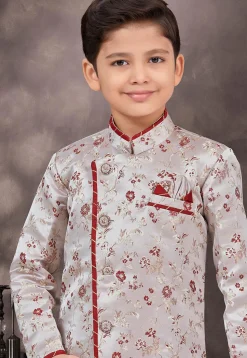 Woven Art Silk Jacquard Sherwani in Grey and Maroon
