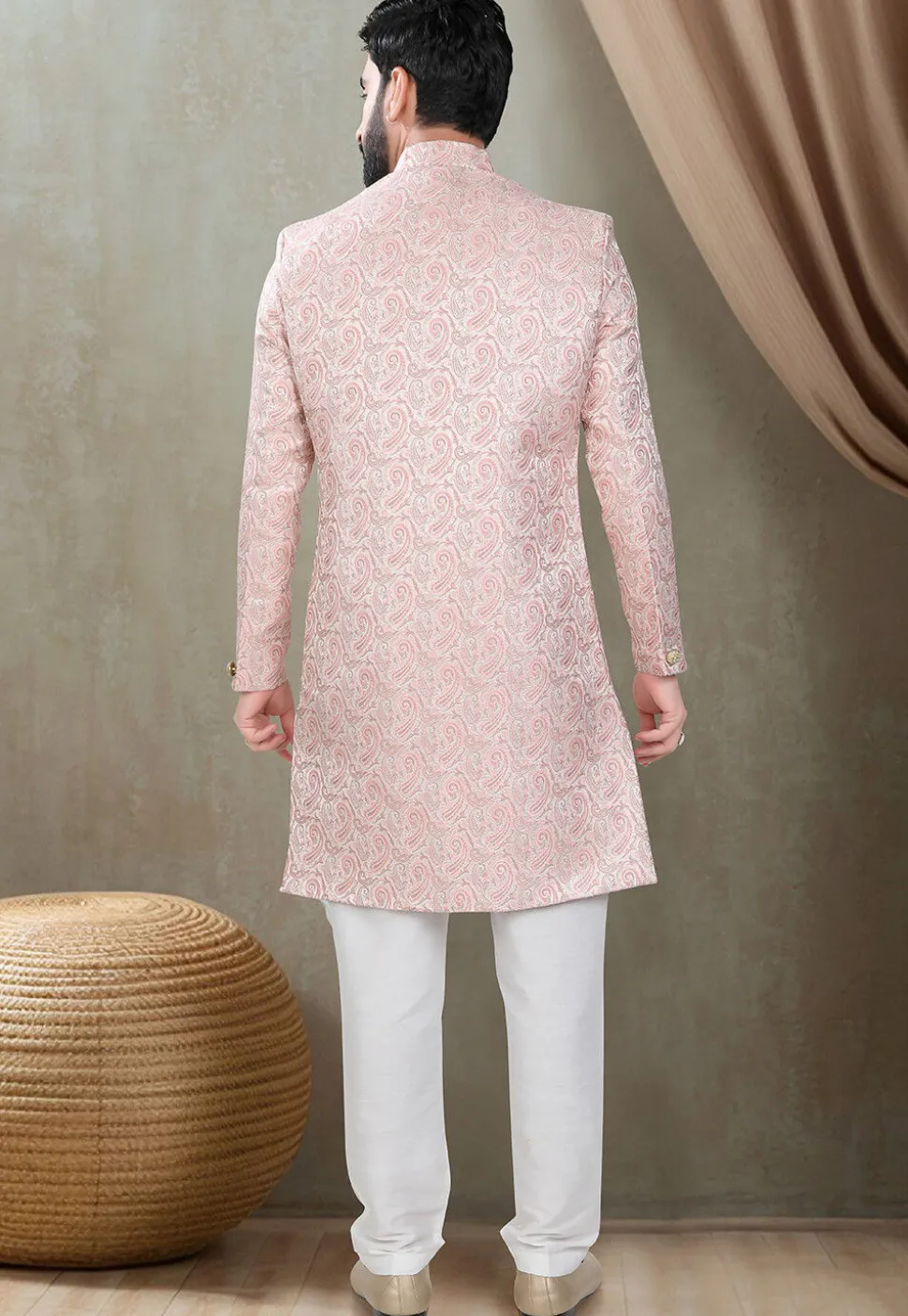 Woven Art Silk Jacquard Sherwani in Pink