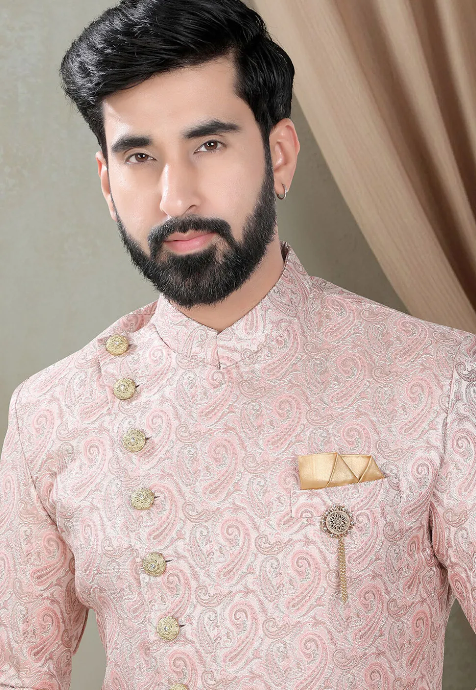 Woven Art Silk Jacquard Sherwani in Pink