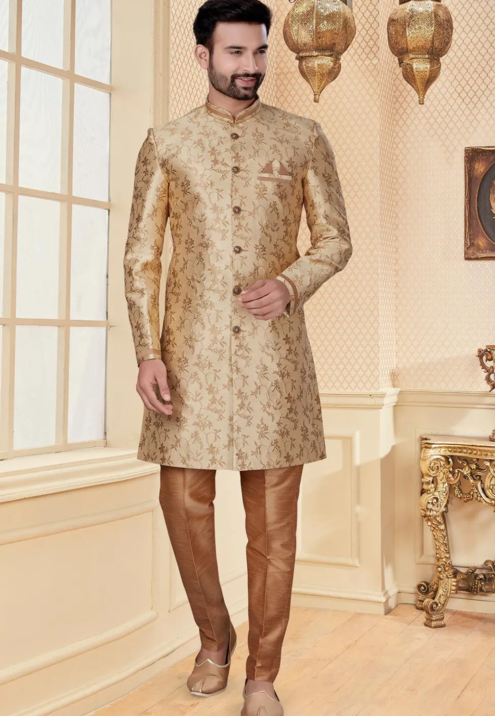 Woven Art Silk Jacquard Sherwani in Beige