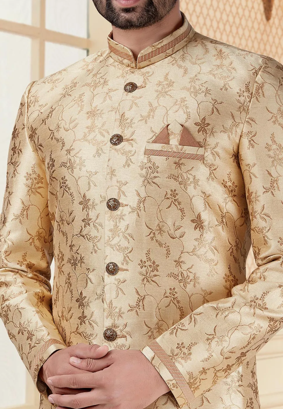 Woven Art Silk Jacquard Sherwani in Beige