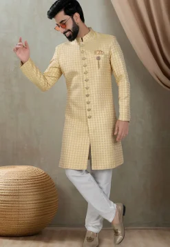 Woven Art Silk Jacquard Sherwani in Yellow