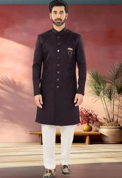 Woven Art Silk Jacquard Sherwani in Wine