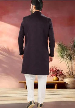 Woven Art Silk Jacquard Sherwani in Wine
