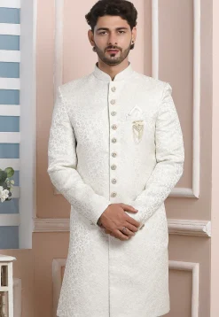 Woven Art Silk Jacquard Sherwani in White