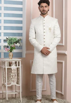Woven Art Silk Jacquard Sherwani in White