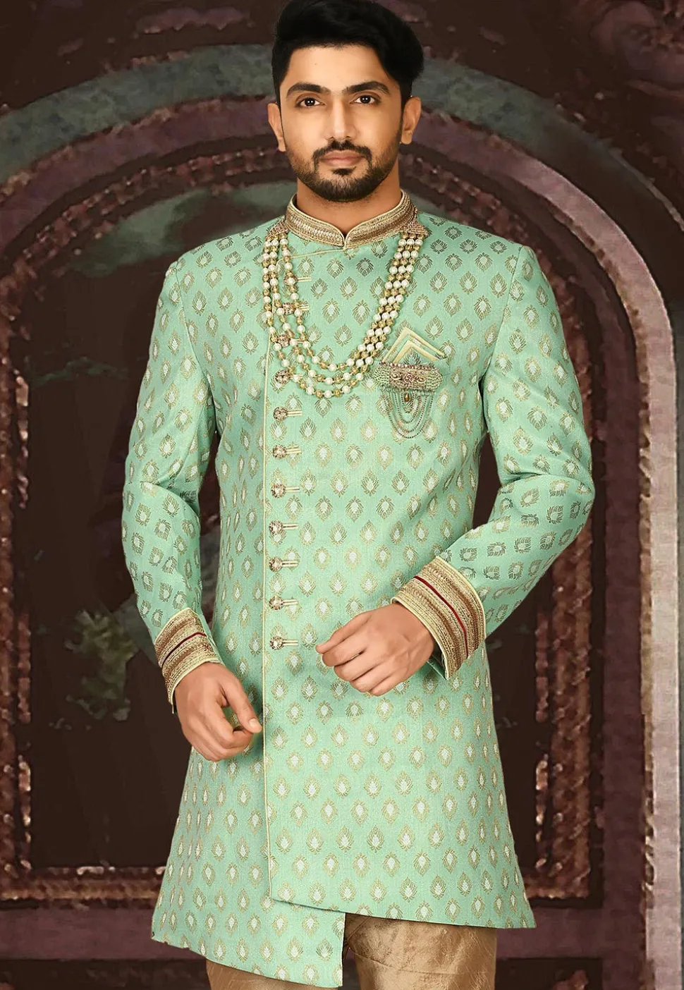 Woven Art Silk Jacquard Sherwani in Sea Green
