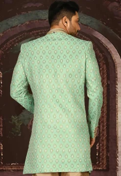 Woven Art Silk Jacquard Sherwani in Sea Green