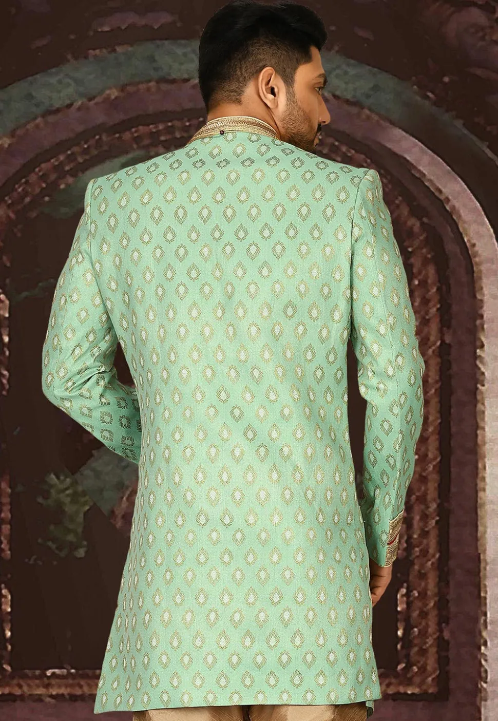 Woven Art Silk Jacquard Sherwani in Sea Green