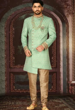 Woven Art Silk Jacquard Sherwani in Sea Green