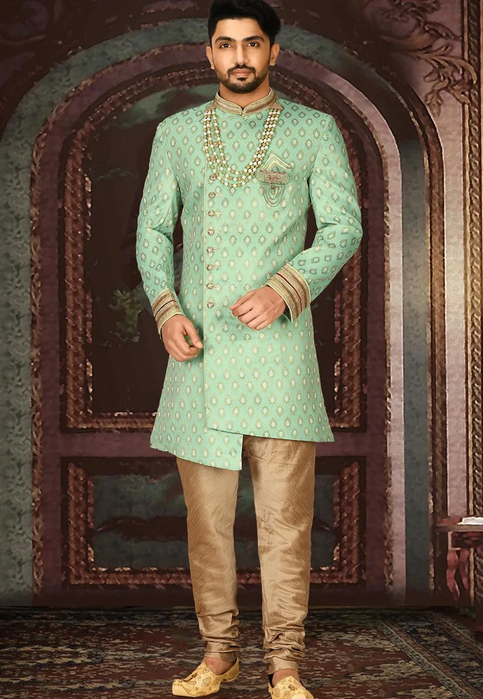 Woven Art Silk Jacquard Sherwani in Sea Green
