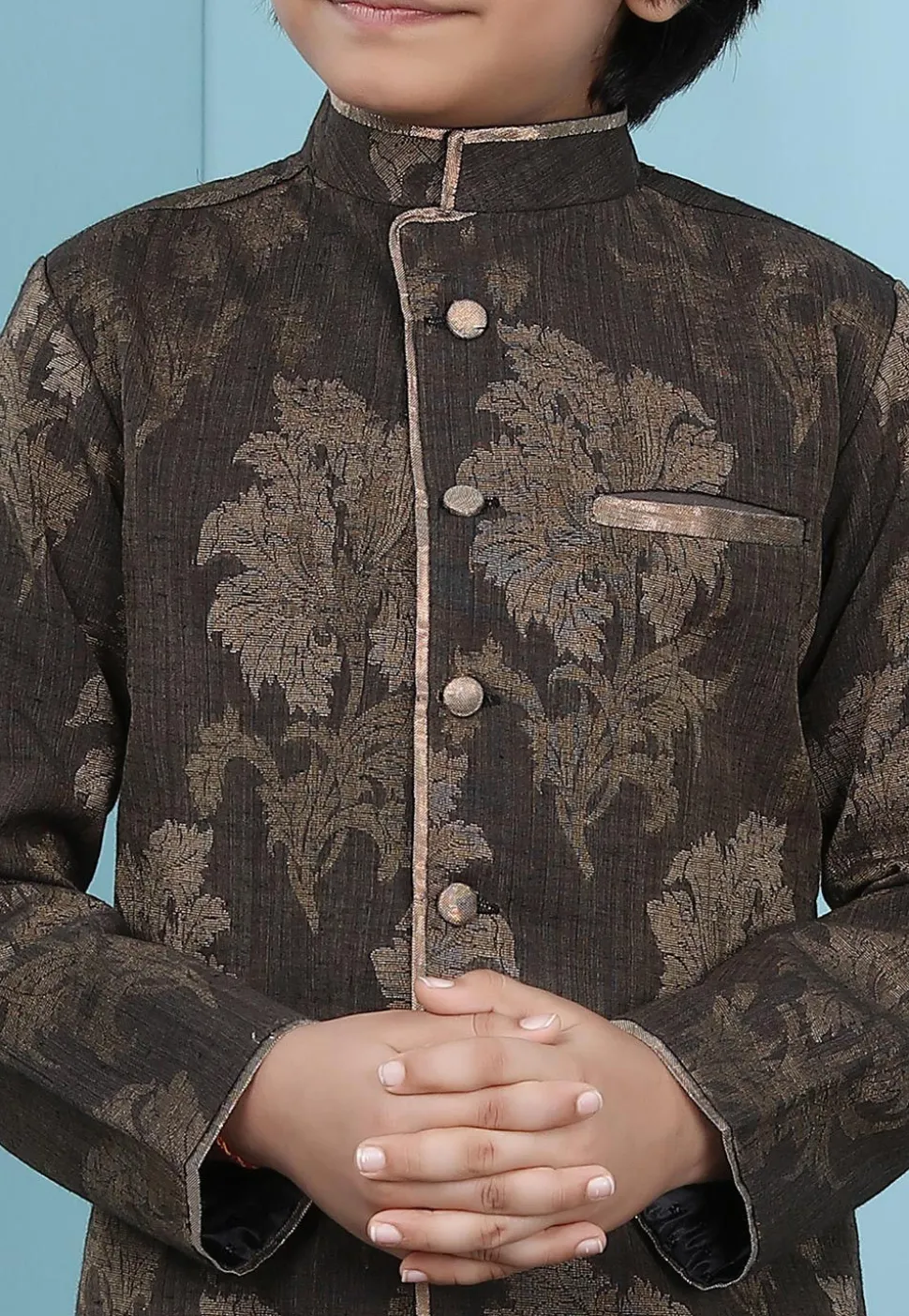 Woven Art Silk Jacquard Sherwani in Brown