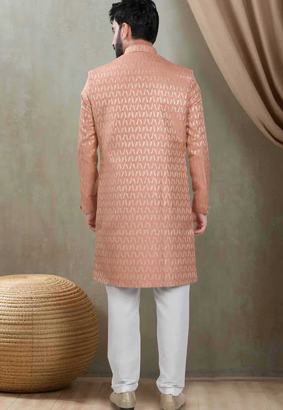 Woven Art Silk Jacquard Sherwani in Orange