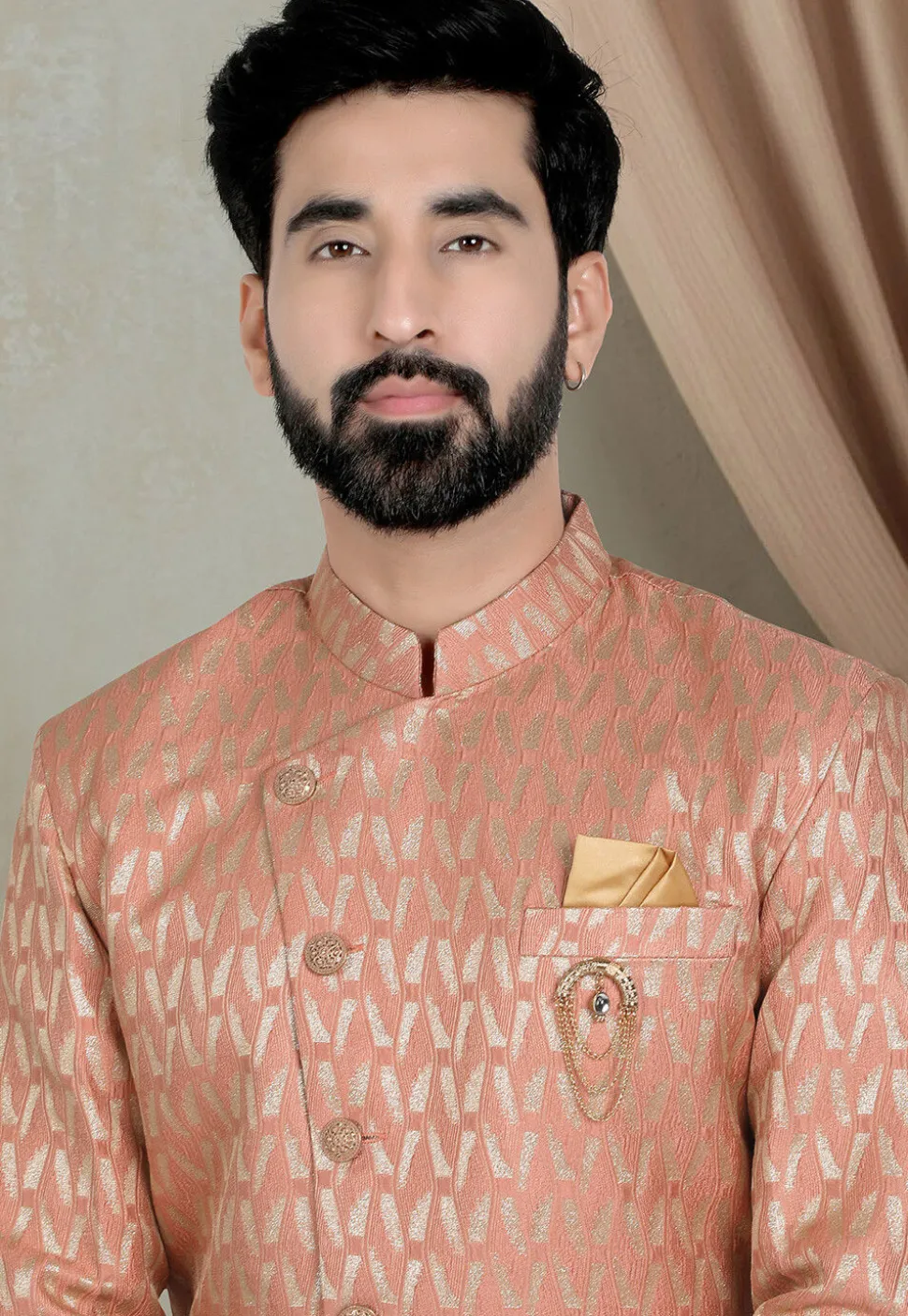 Woven Art Silk Jacquard Sherwani in Orange