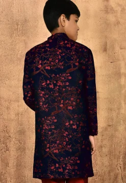 Woven Art Silk Jacquard Sherwani in Navy Blue