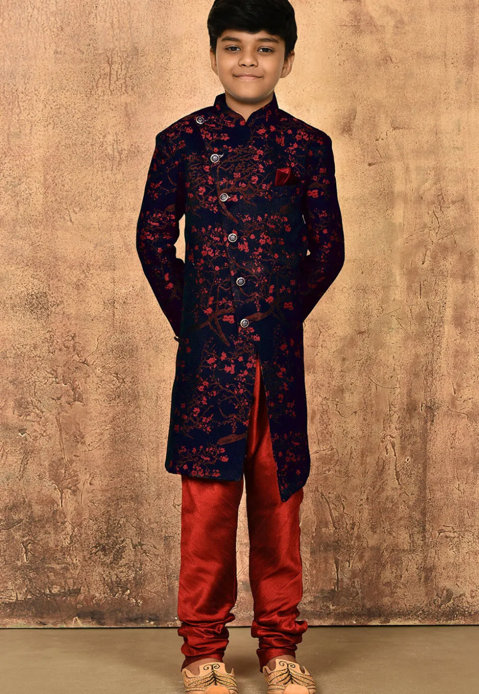Woven Art Silk Jacquard Sherwani in Navy Blue