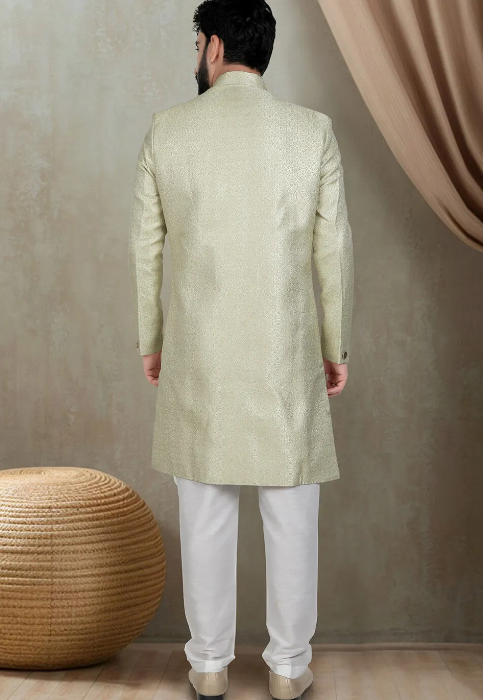 Woven Art Silk Jacquard Sherwani in Light Green