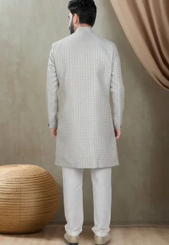 Woven Art Silk Jacquard Sherwani in Dusty Blue