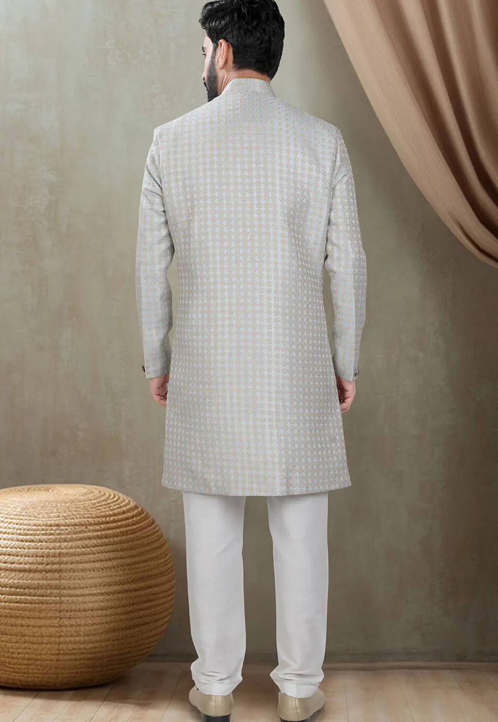 Woven Art Silk Jacquard Sherwani in Dusty Blue