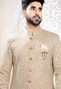 Woven Art Silk Jacquard Sherwani in Light Beige