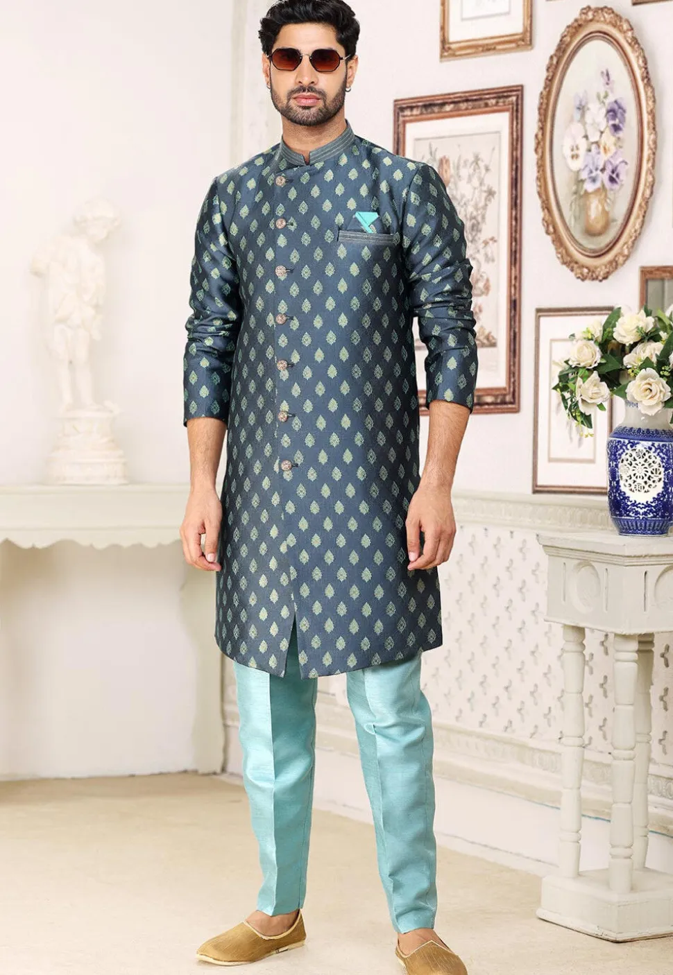 Woven Art Silk Jacquard Sherwani in Dark Grey