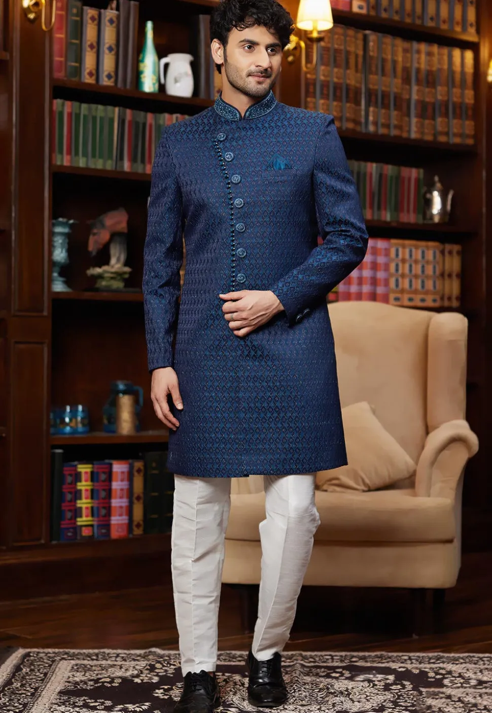 Woven Art Silk Jacquard Sherwani in Navy Blue