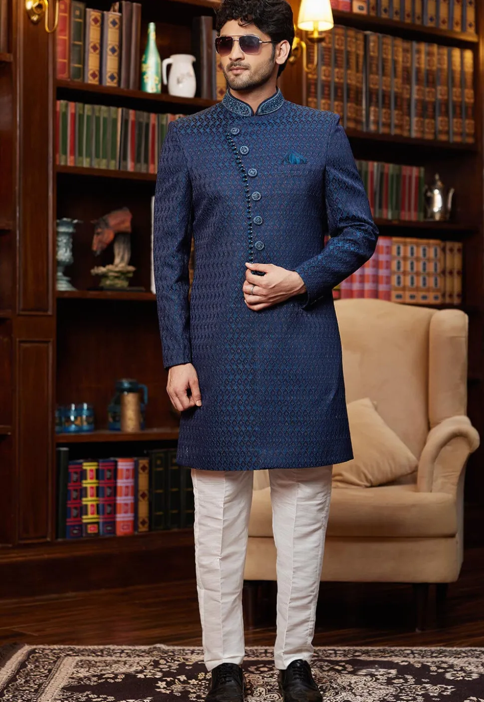 Woven Art Silk Jacquard Sherwani in Navy Blue