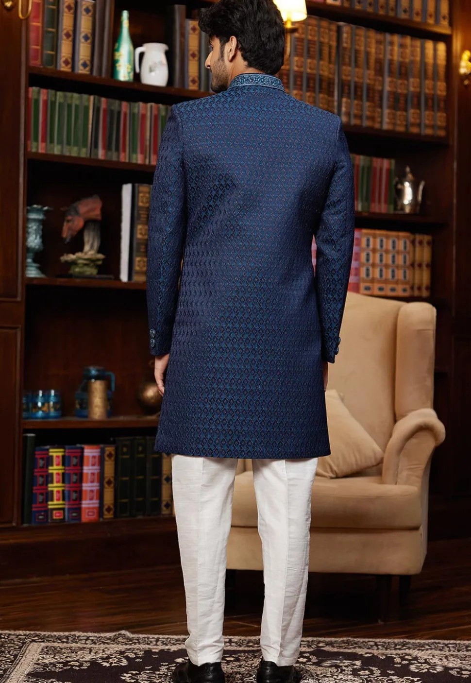 Woven Art Silk Jacquard Sherwani in Navy Blue