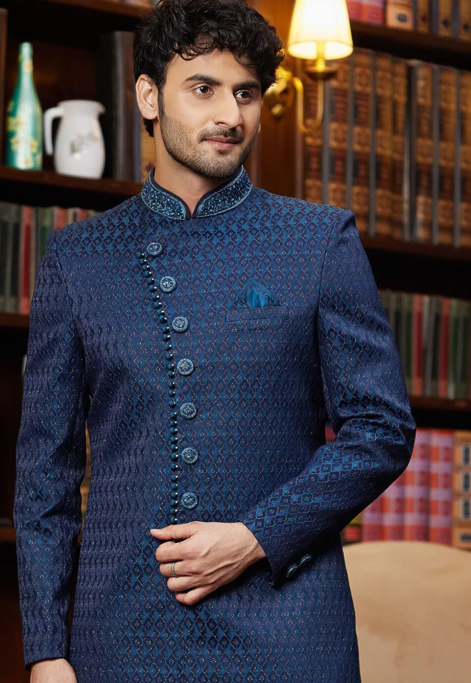 Woven Art Silk Jacquard Sherwani in Navy Blue