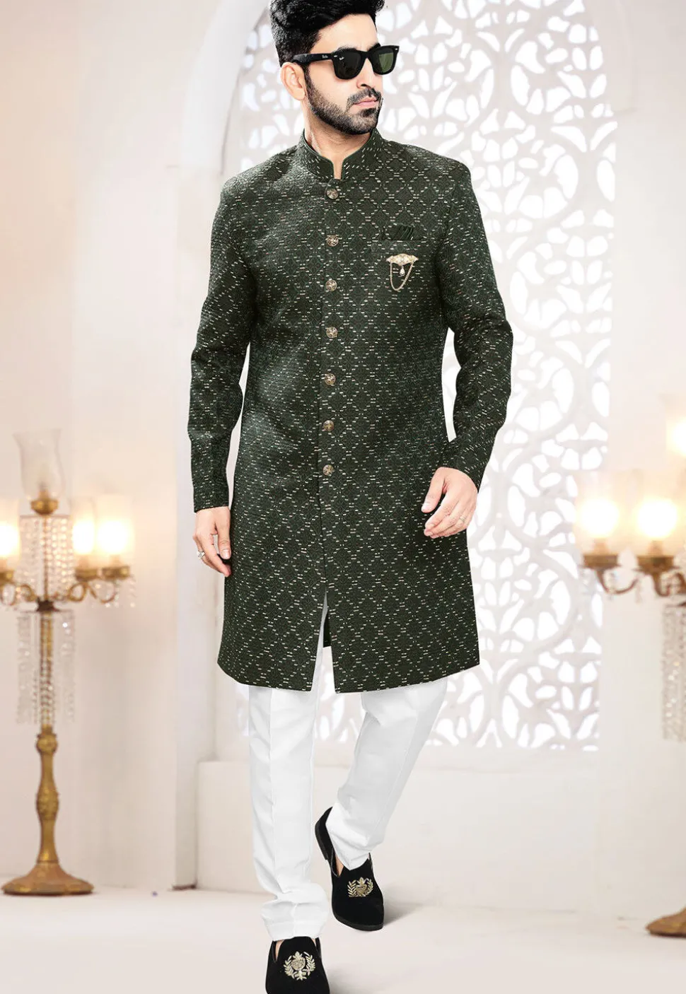 Woven Art Silk Jacquard Sherwani in Dark Green
