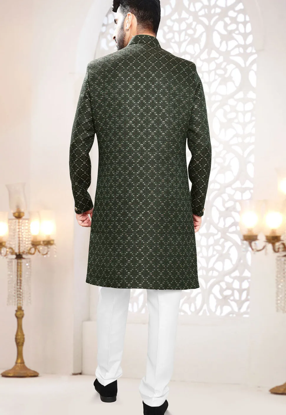 Woven Art Silk Jacquard Sherwani in Dark Green