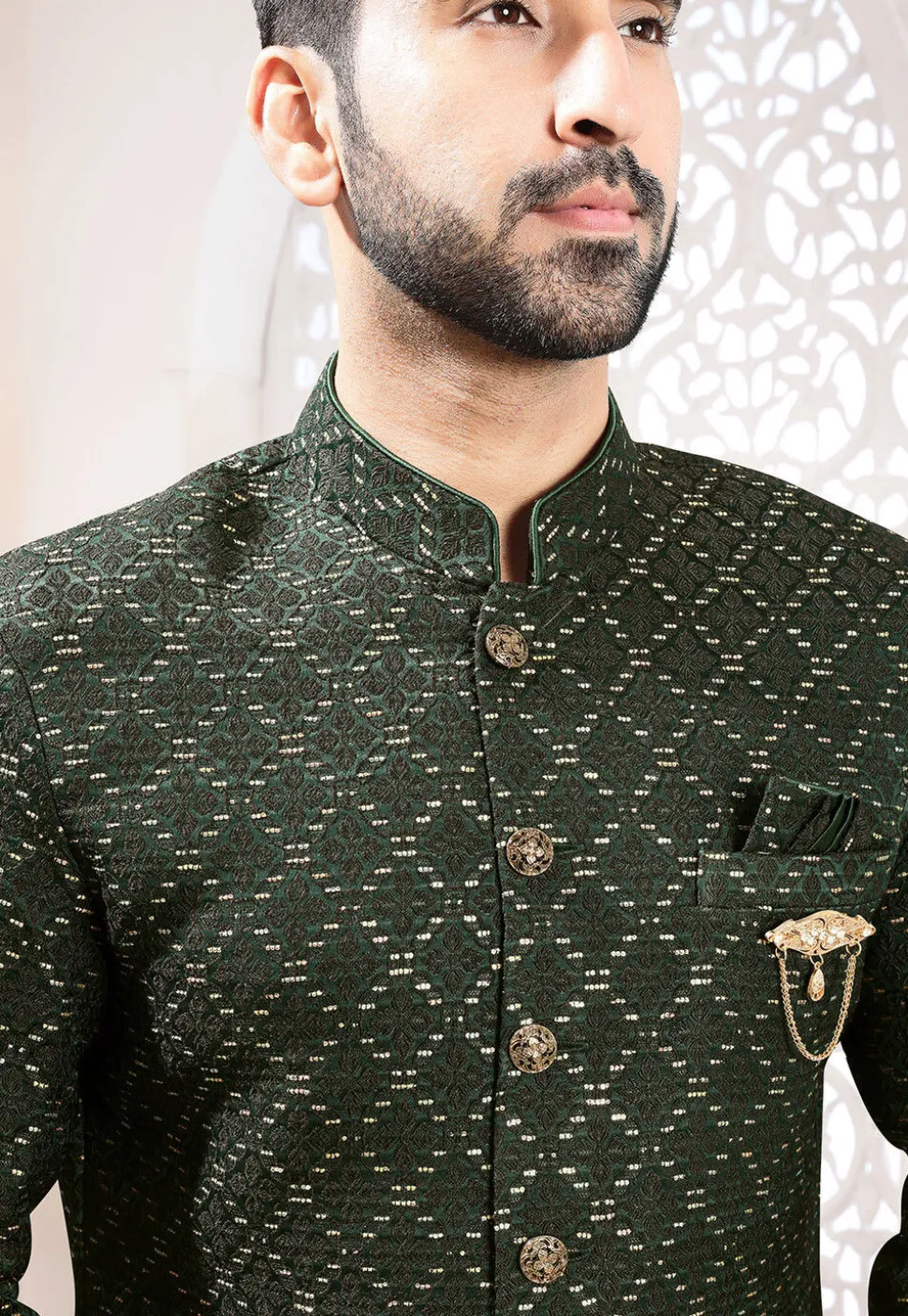 Woven Art Silk Jacquard Sherwani in Dark Green