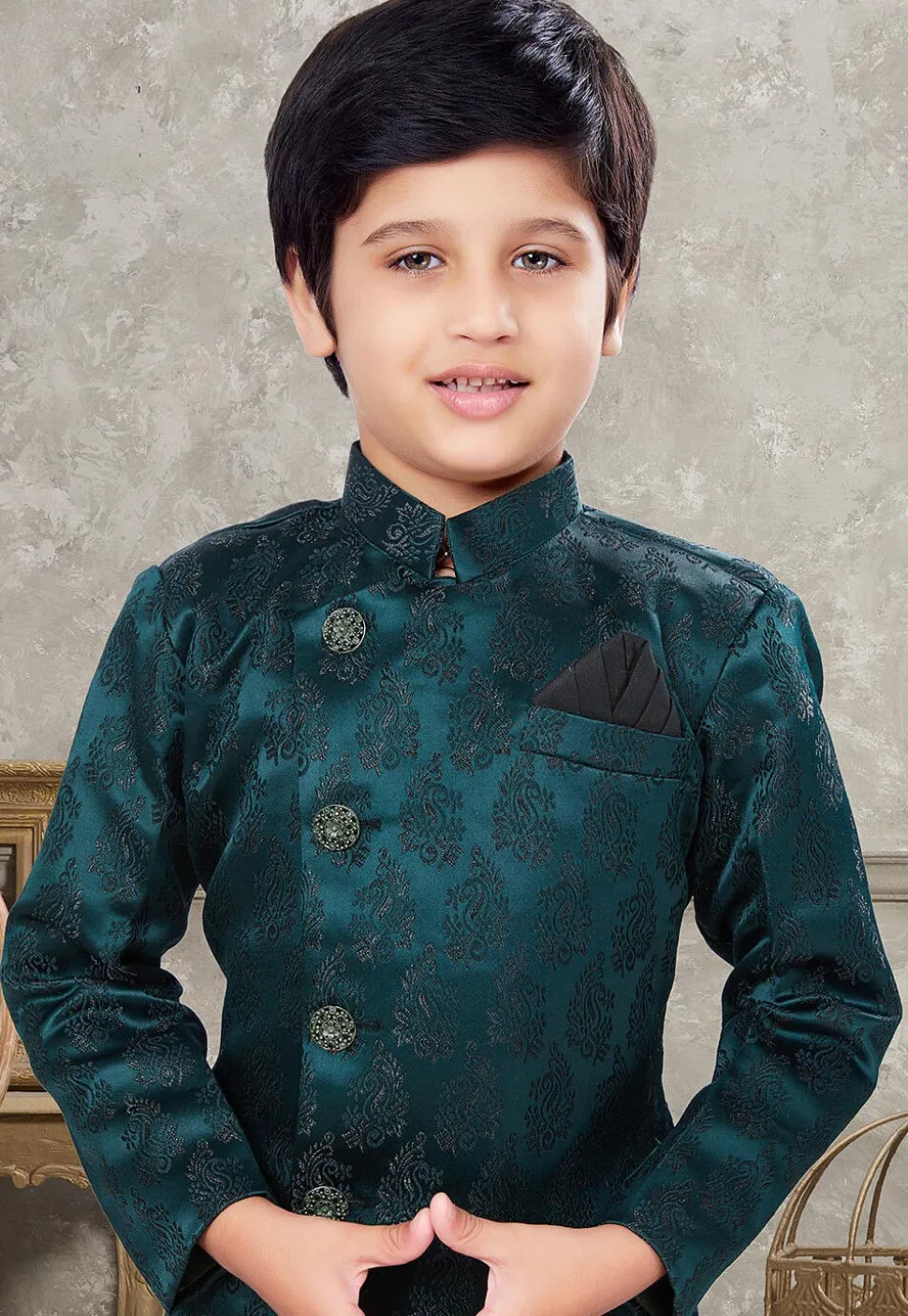 Woven Art Silk Jacquard Sherwani in Teal Green