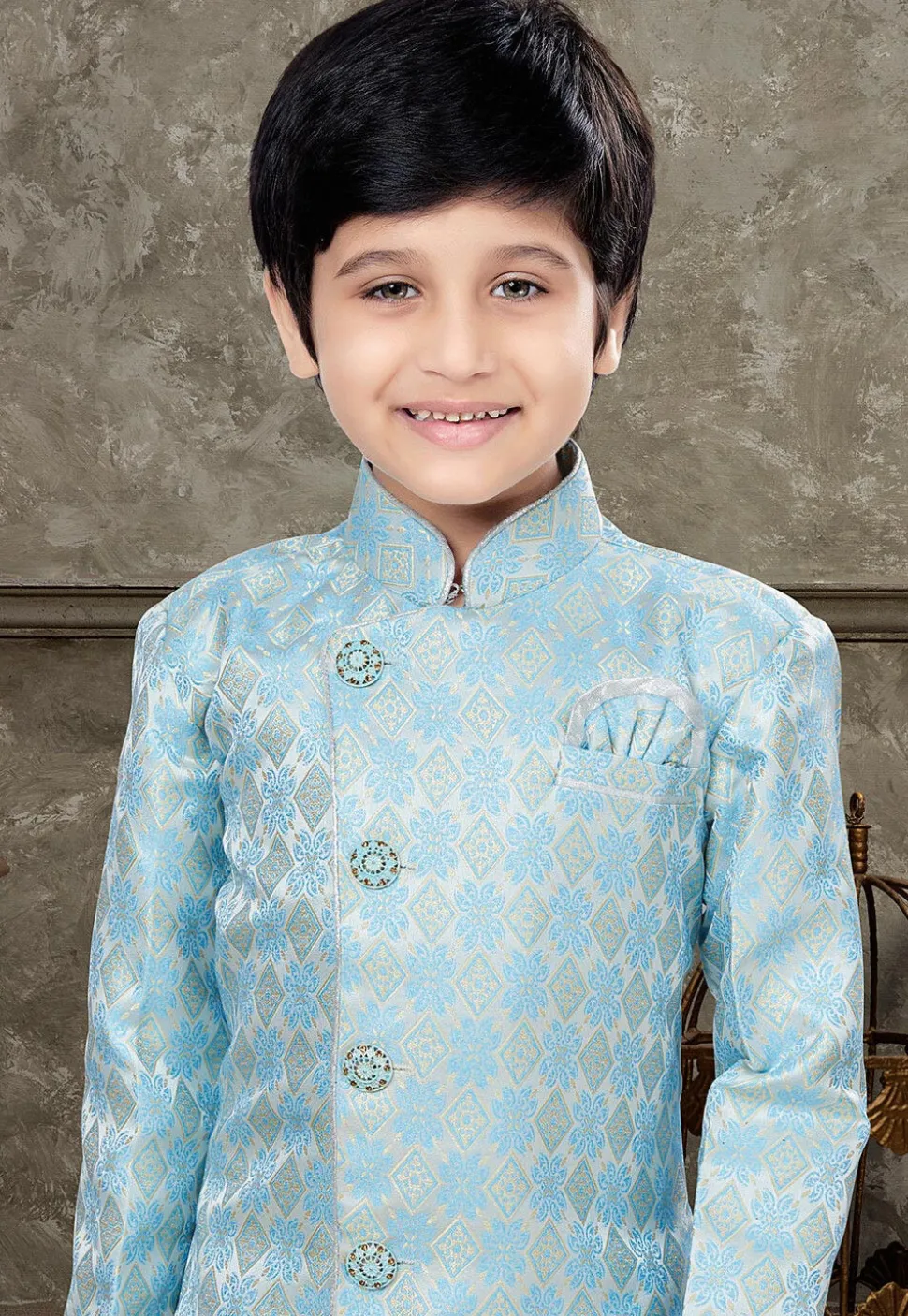 Woven Art Silk Jacquard Sherwani in Sky Blue