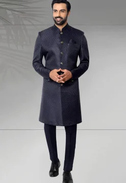 Woven Art Silk Jacquard Sherwani in Navy Blue