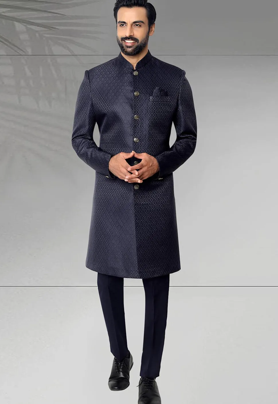 Woven Art Silk Jacquard Sherwani in Navy Blue
