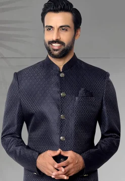 Woven Art Silk Jacquard Sherwani in Navy Blue