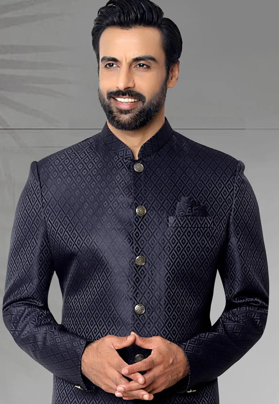 Woven Art Silk Jacquard Sherwani in Navy Blue