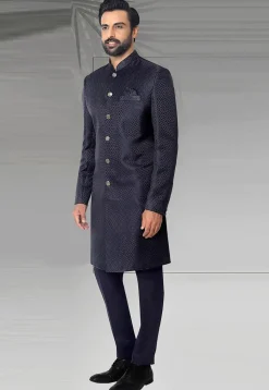 Woven Art Silk Jacquard Sherwani in Navy Blue