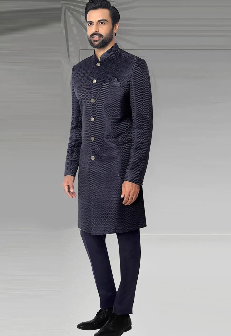 Woven Art Silk Jacquard Sherwani in Navy Blue