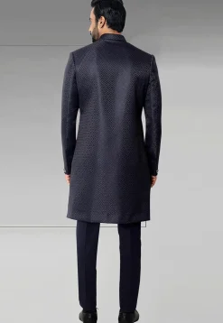 Woven Art Silk Jacquard Sherwani in Navy Blue