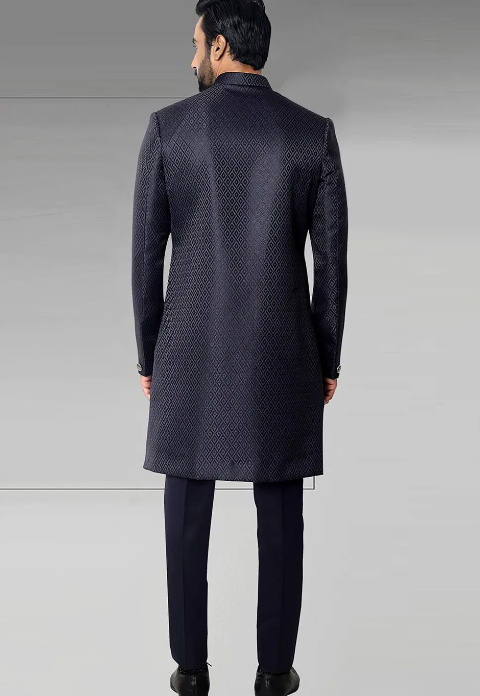 Woven Art Silk Jacquard Sherwani in Navy Blue