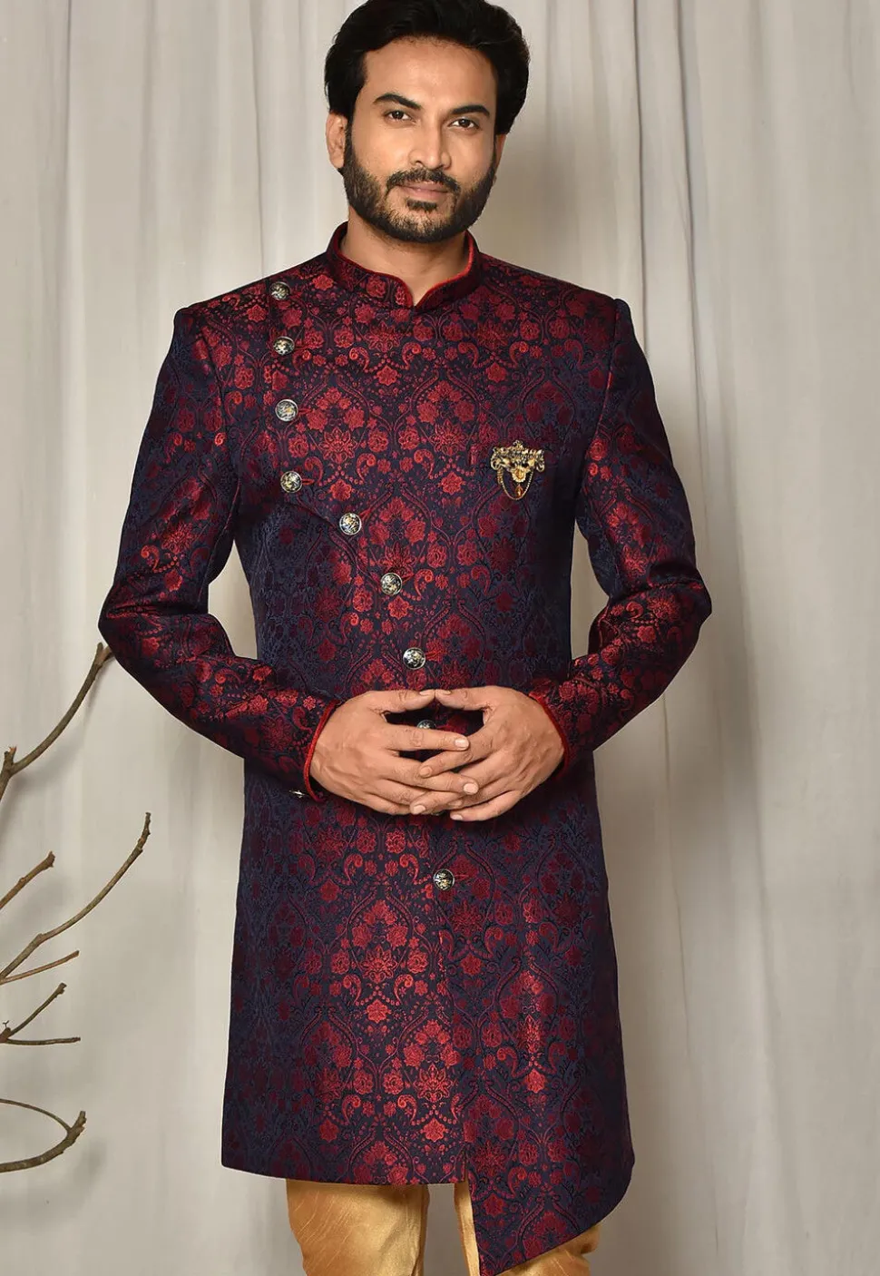 Woven Art Silk Jacquard Sherwani in Navy Blue and Maroon