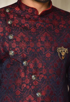 Woven Art Silk Jacquard Sherwani in Navy Blue and Maroon