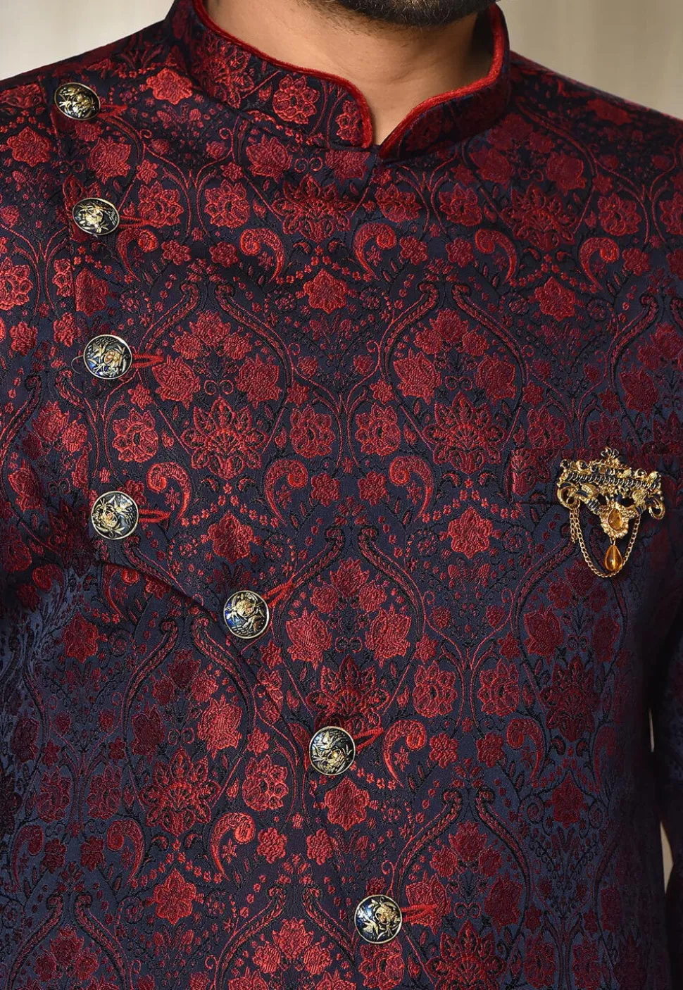 Woven Art Silk Jacquard Sherwani in Navy Blue and Maroon