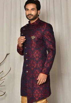 Woven Art Silk Jacquard Sherwani in Navy Blue and Maroon