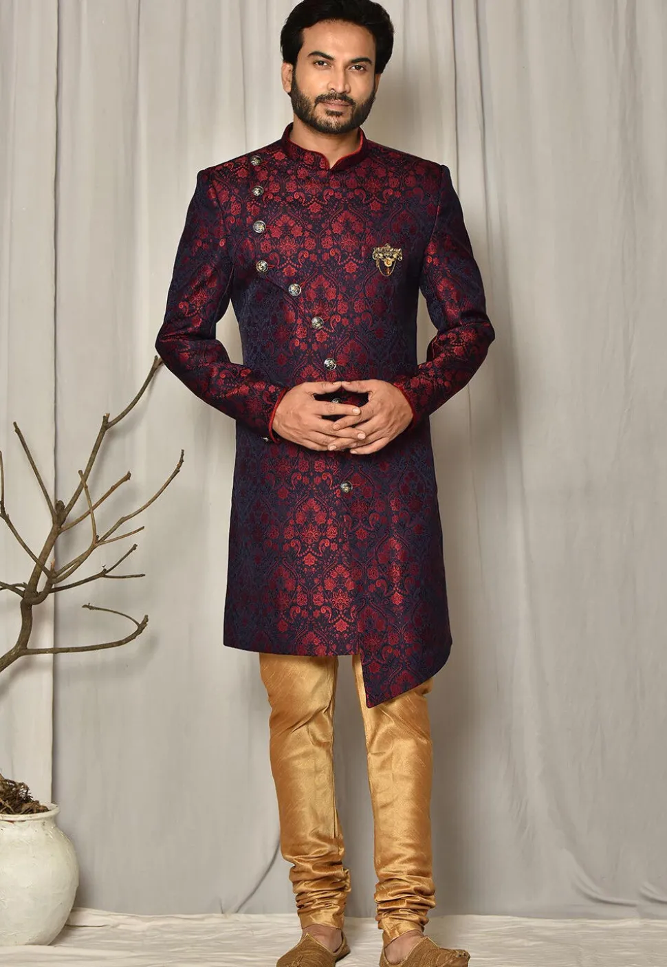Woven Art Silk Jacquard Sherwani in Navy Blue and Maroon