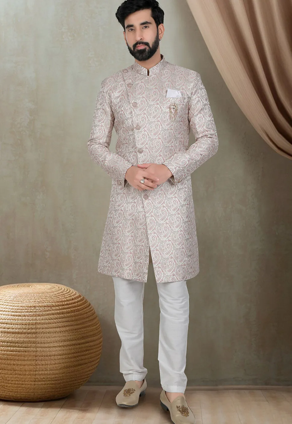 Woven Art Silk Jacquard Sherwani in Pink